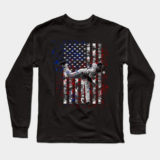 Vintage Retro American Flag Red White Camo Baseball Pitcher Art Long Sleeve T-Shirt by TeeCreations